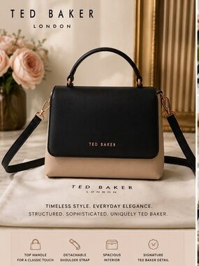 Ted Baker Black and Beige Top Handle Satchel with Animal Interior- faux leather